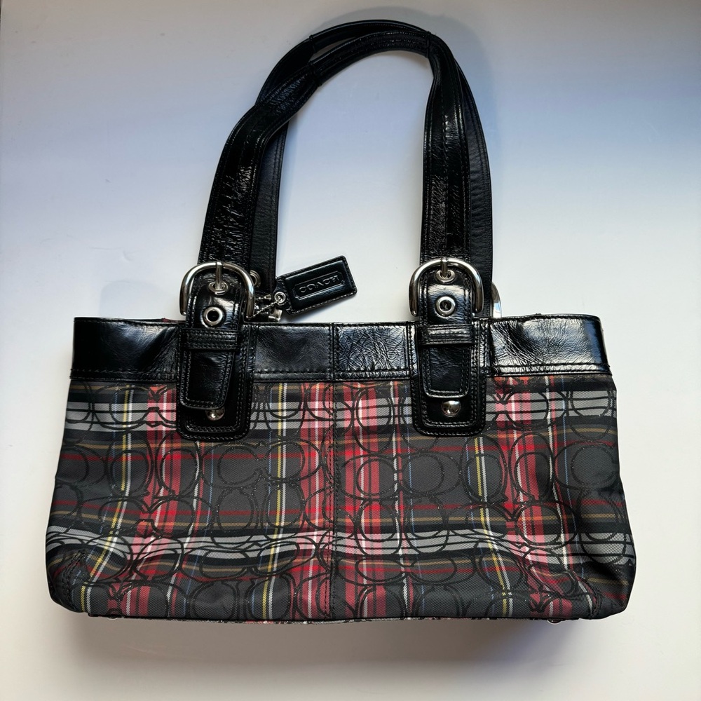 COACH F15228 soho Signature Tartan Plaid Canvas Shoulder Bag glitter poppy